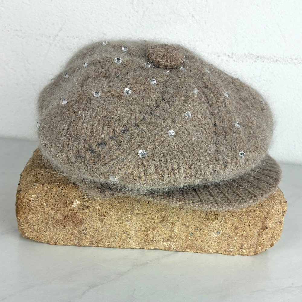 Betmar Brown Angora Newsboy Cap - OS - Rhinestone Cable Knit Vintage Parisian